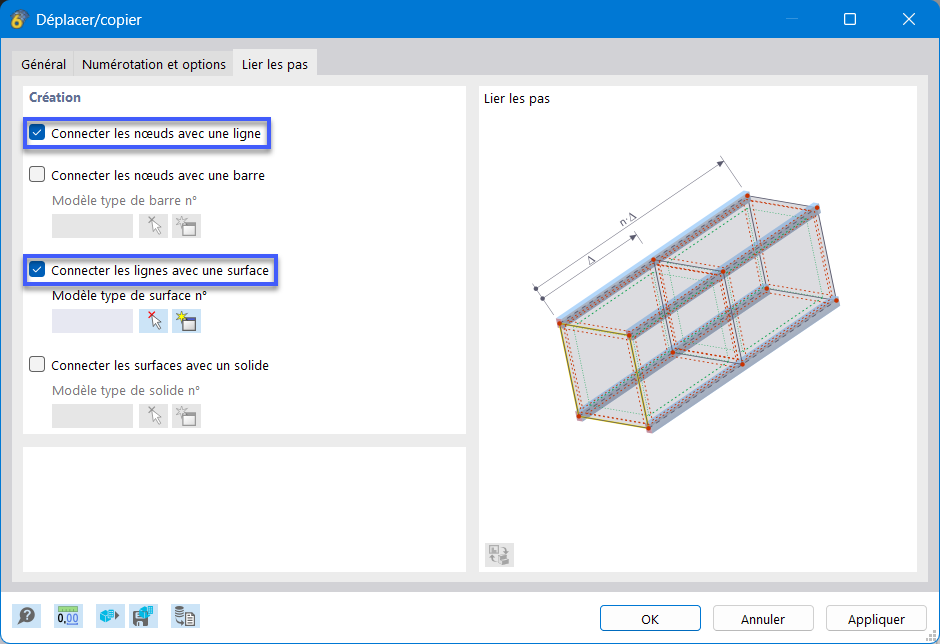 Création de lignes et de surfaces lors de la copie