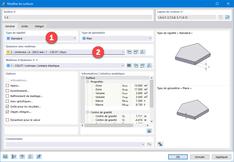 Définition des types de rigidité et d'épaisseur pour les surfaces de mur