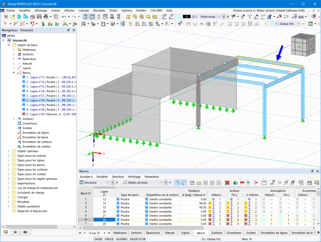 Modèle de structure avec barre sélectionnée (dans le navigateur ou dans le tableau) mis en surbrillance graphiquement