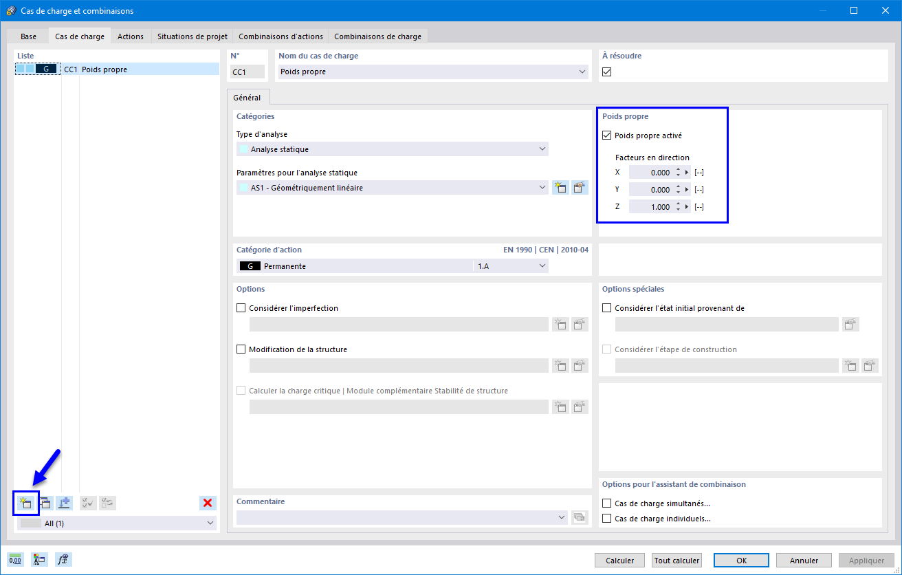 Boîte de dialogue « Cas de charge et combinaisons »