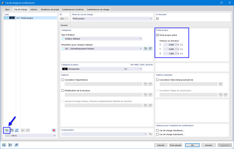Boîte de dialogue « Cas de charge et combinaisons »
