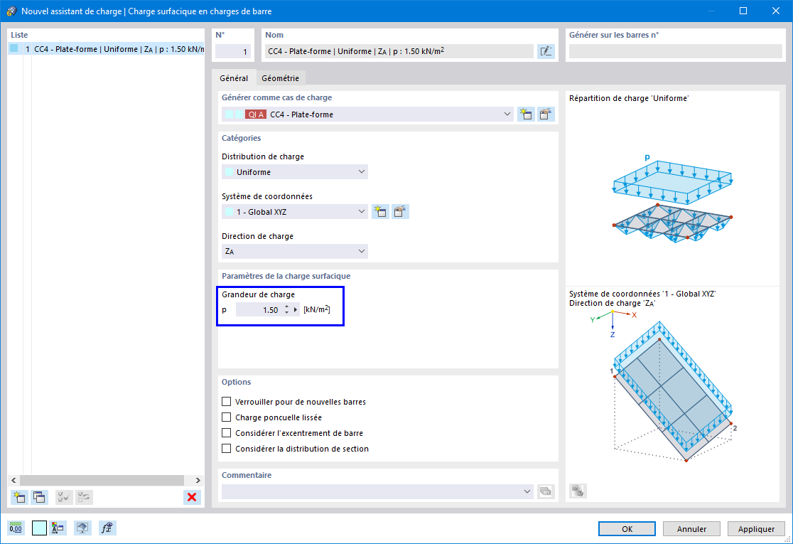 Boîte de dialogue « Nouvel assistant de charge »