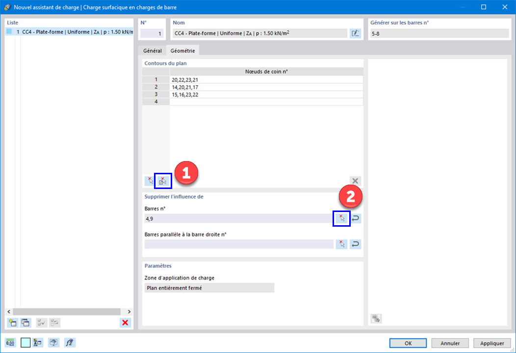 Onglet « Géométrie » avec les fonctions permettant de définir graphiquement la zone de charge