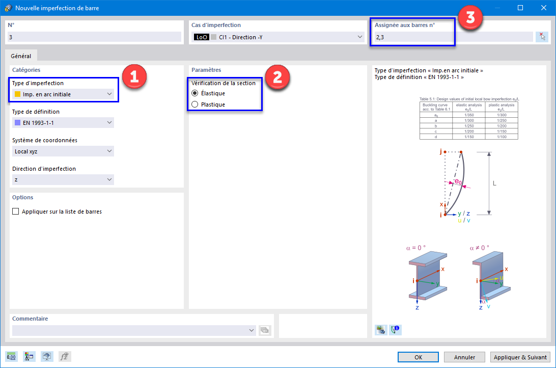 Définition de l'imperfection en arc des poteaux en acier