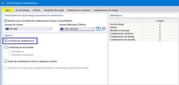 Assistant de combinaison activé dans l'onglet « Base »