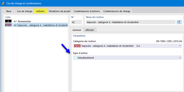 Type d'action « Simultanément » pour les charges imposées