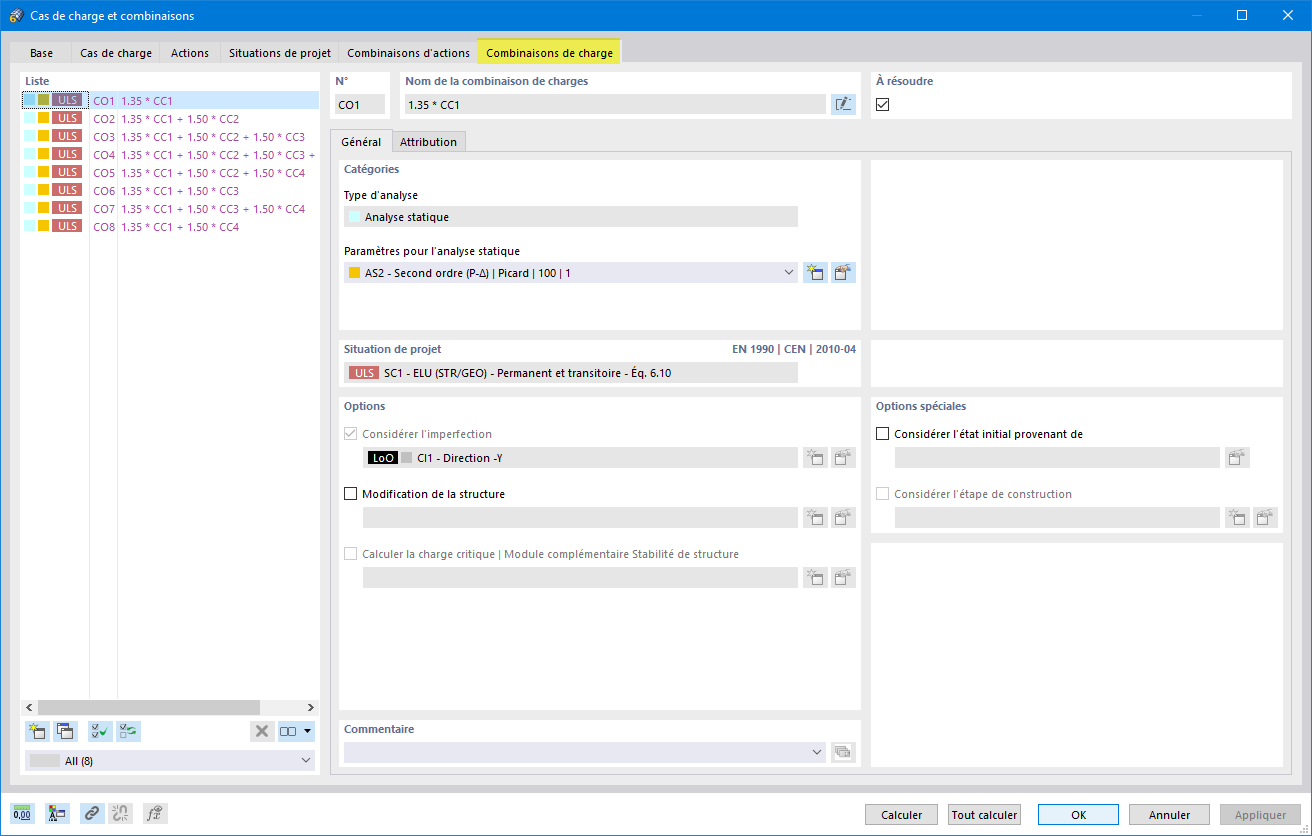 Onglet « Combinaisons de charges »