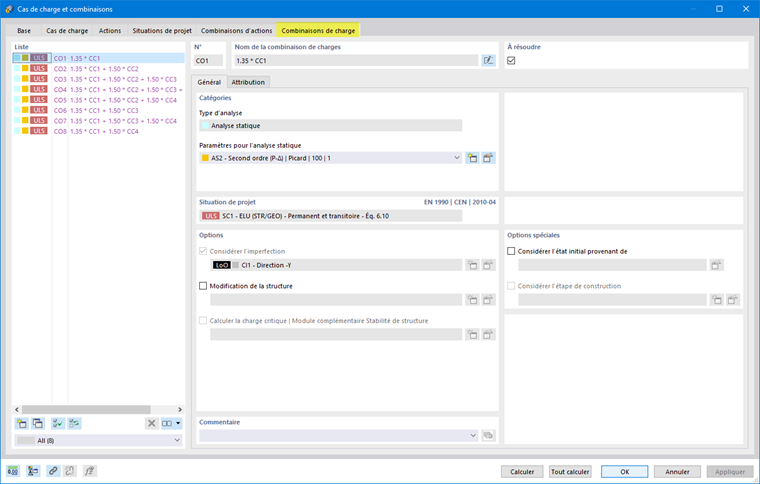 Onglet « Combinaisons de charges »