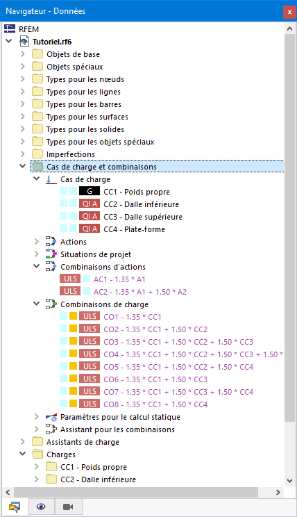 Cas de charge et combinaisons dans le navigateur