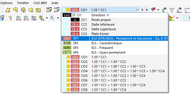 Sélection d'un cas de charge ou d'une combinaison dans la liste de la barre d'outils