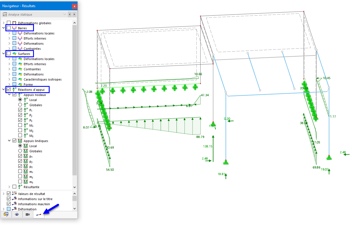 Réactions d'appui des nœuds et des lignes