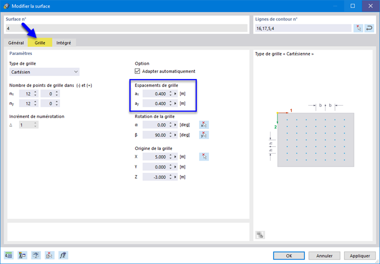 Ajustement de la grille pour les résultats de surface
