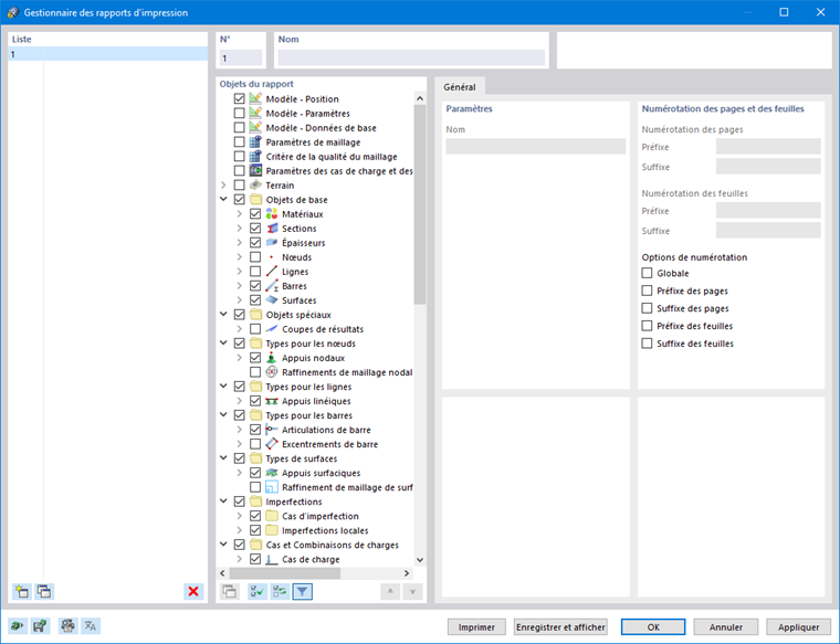Boîte de dialogue « Gestionnaire des rapports d'impression »