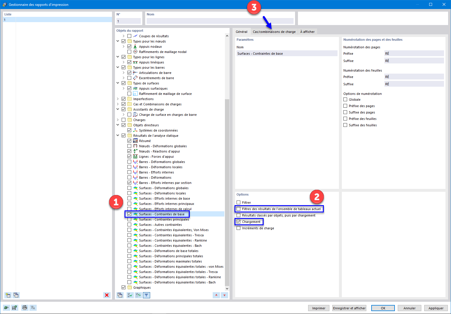 Sélection des données du rapport d'impression
