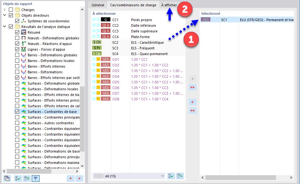 Sélection des cas de charge et combinaisons de charge