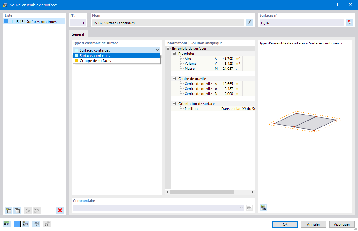 Boîte de dialogue « Nouvel ensemble de surfaces »