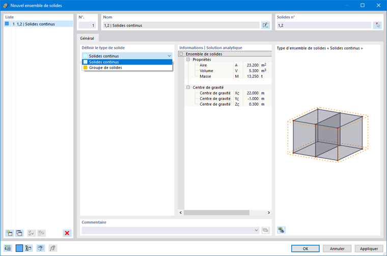 Boîte de dialogue « Nouvel ensemble de solides »