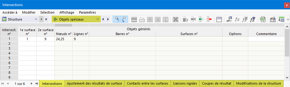 Objets spéciaux dans le tableau
