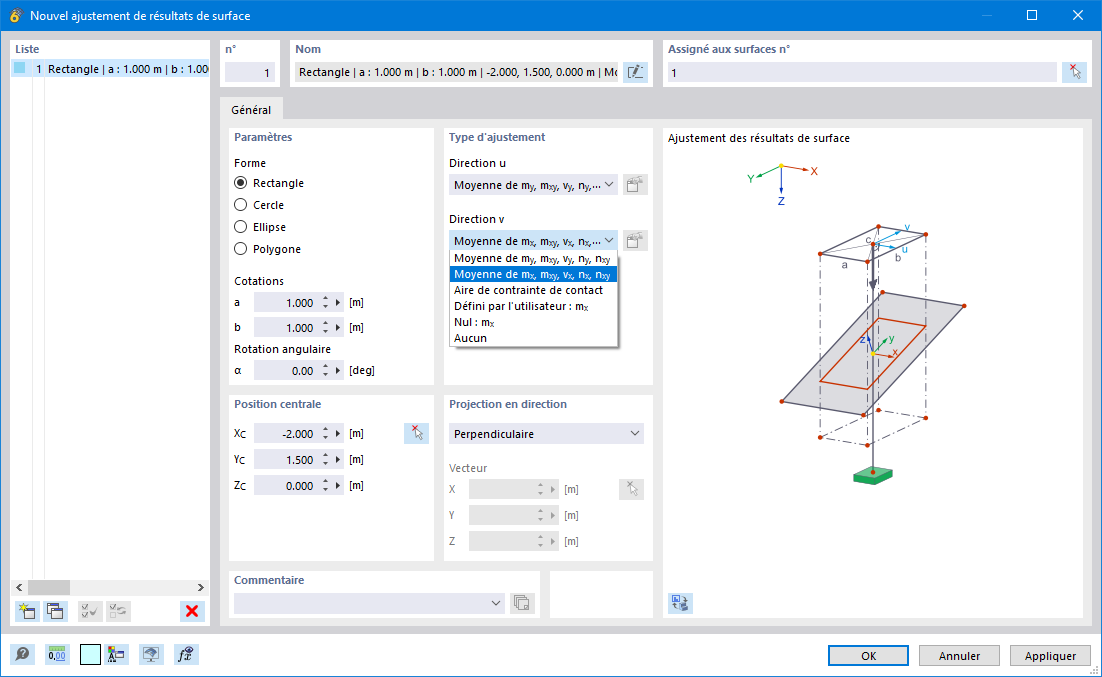 Boite de dialogue « Nouvel ajustement des résultats de surface »