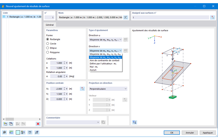 Boite de dialogue « Nouvel ajustement des résultats de surface »