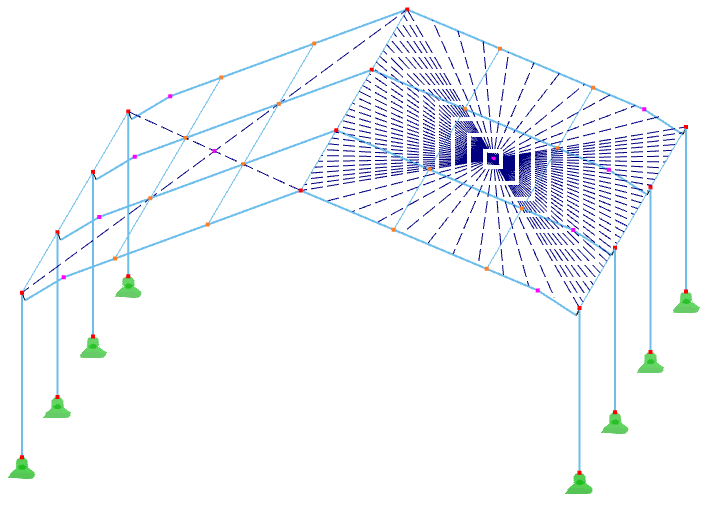 Liaison rigide des plans de toiture par quatre nœuds (à gauche) et quatre lignes (à droite)
