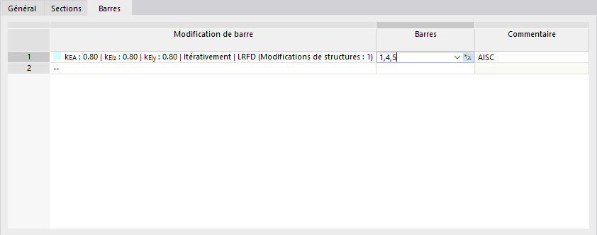 Définition de la modification de rigidité des barres