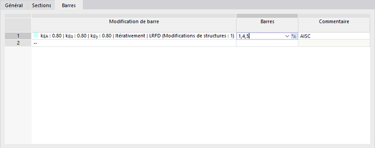 Définition de la modification de rigidité des barres