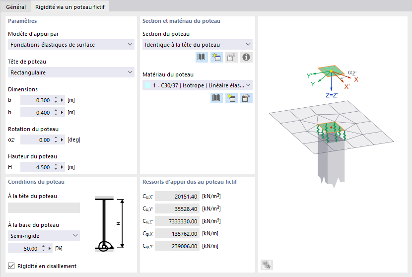 Définition de la rigidité via un poteau fictif