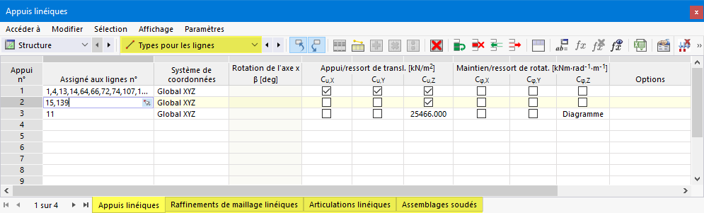 Types pour lignes dans le tableau