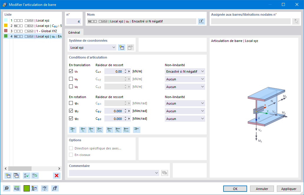 Boîte de dialogue « Nouvelle articulation de barre »