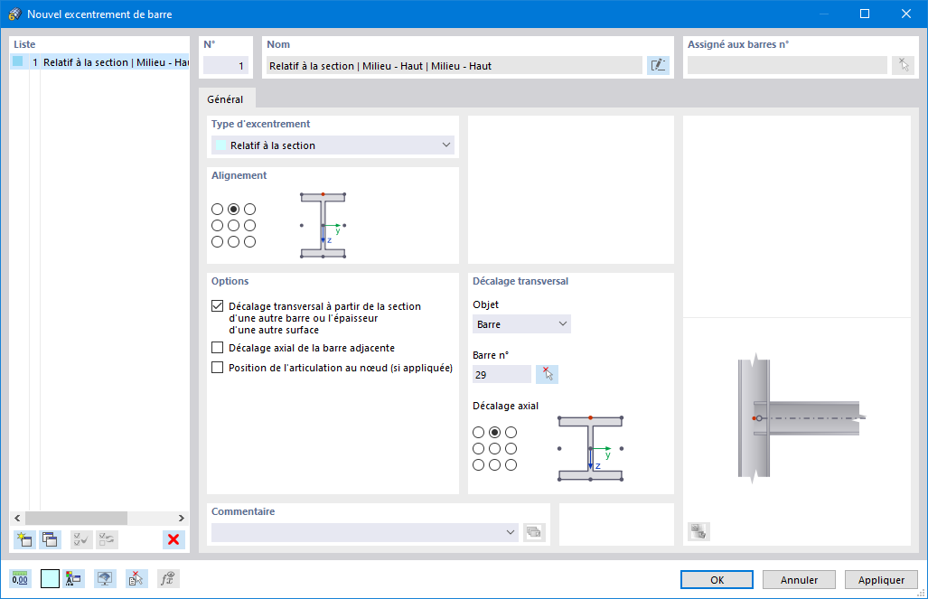 Boîte de dialogue « Nouvel excentrement de barre »