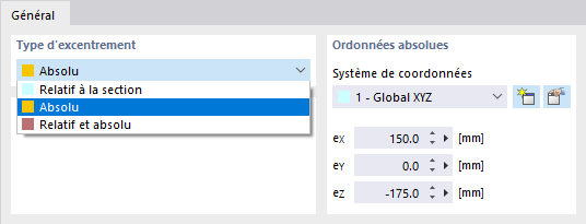Sélection du type d’excentrement et définition des ordonnées absolues