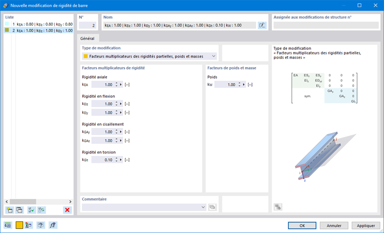 Boîte de dialogue « Nouvelle modification de rigidité de barre »