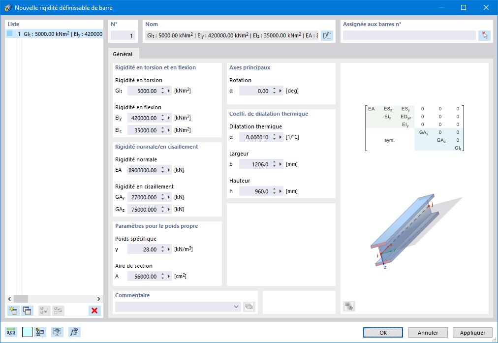 Boîte de dialogue « Nouvelle rigidité définissable de barre »