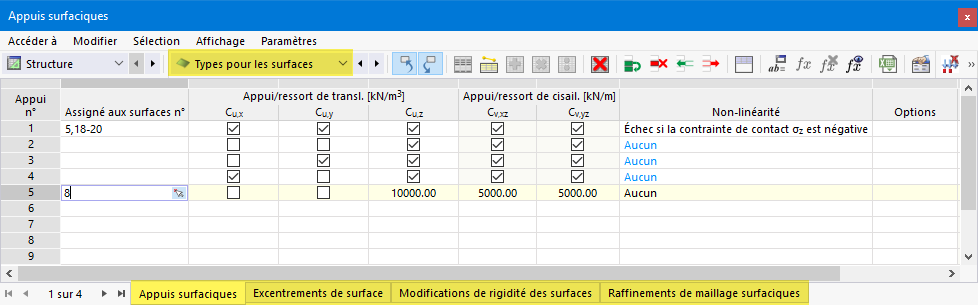 Types pour les surfaces dans le tableau