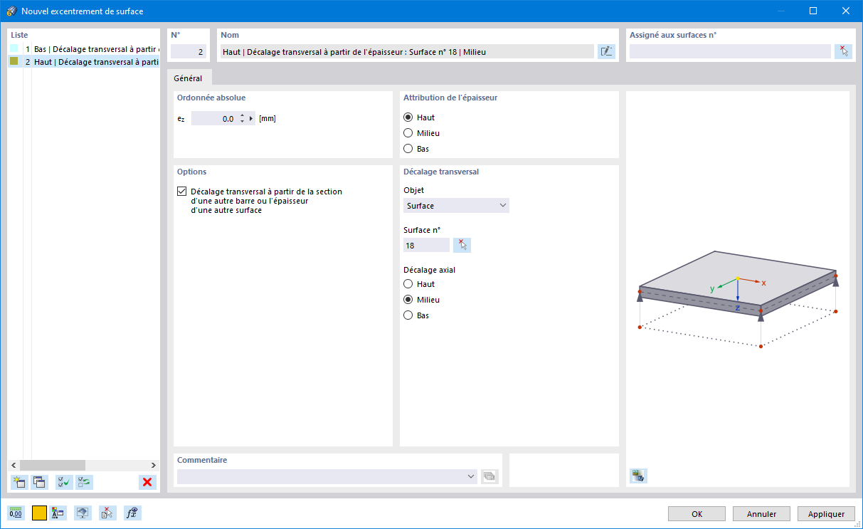 Boîte de dialogue « Nouvel excentrement de surface »