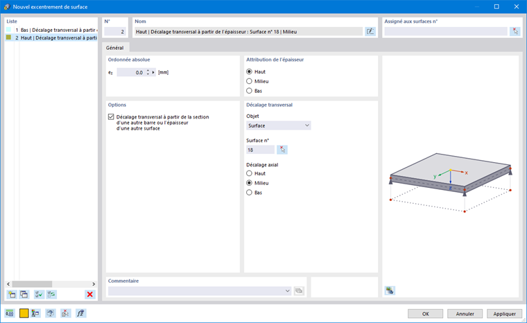 Boîte de dialogue « Nouvel excentrement de surface »