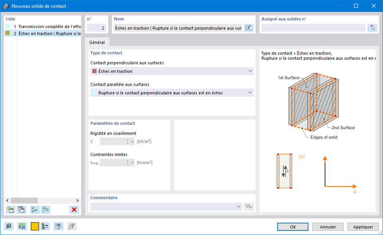 La boîte de dialogue affiche les paramètres pour un nouveau solide de contact dans les constructions. Les paramètres pertinents pour la friction et le comportement de contact des solides sont modifiés.