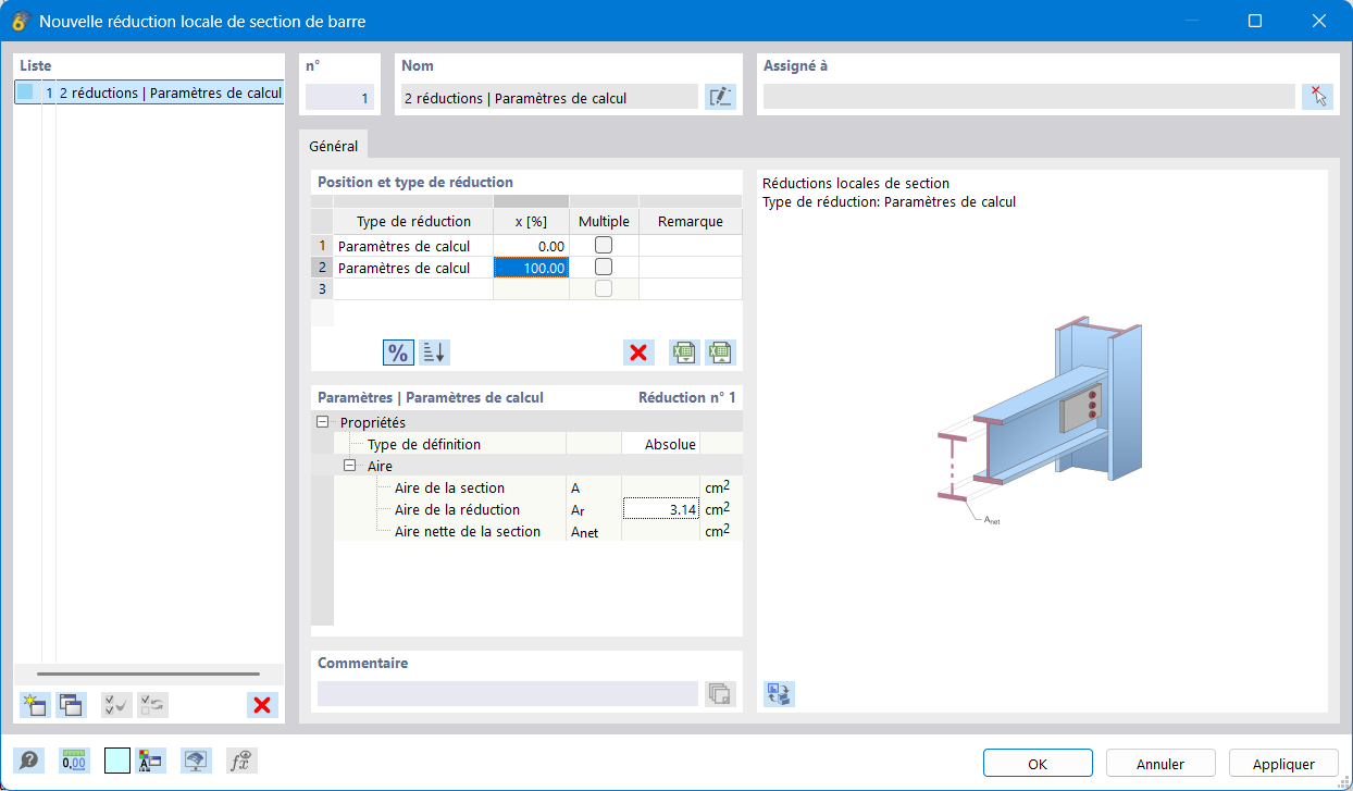 Boîte de dialogue pour la saisie de réductions locales de section de barre dans la vérification de l’acier