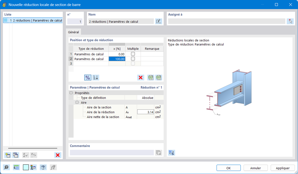 Boîte de dialogue pour la saisie de réductions locales de section de barre dans la vérification de l’acier