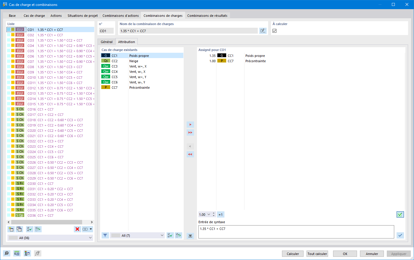 Fonctionnalité 001985 | Combinaisons de charges générées automatiquement