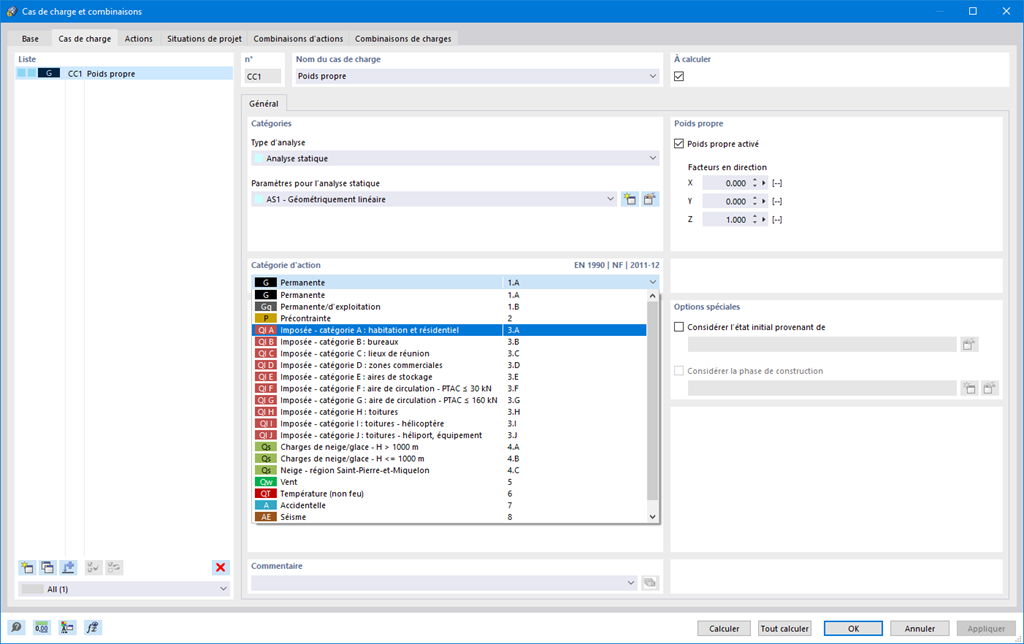 Génération automatique de cas et de combinaisons de charges dans une fenêtre organisée