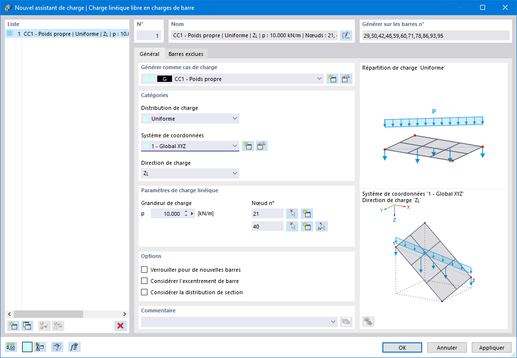 Fonctionnalité 002015 | Génération de charges de barre à partir de charges linéiques libres