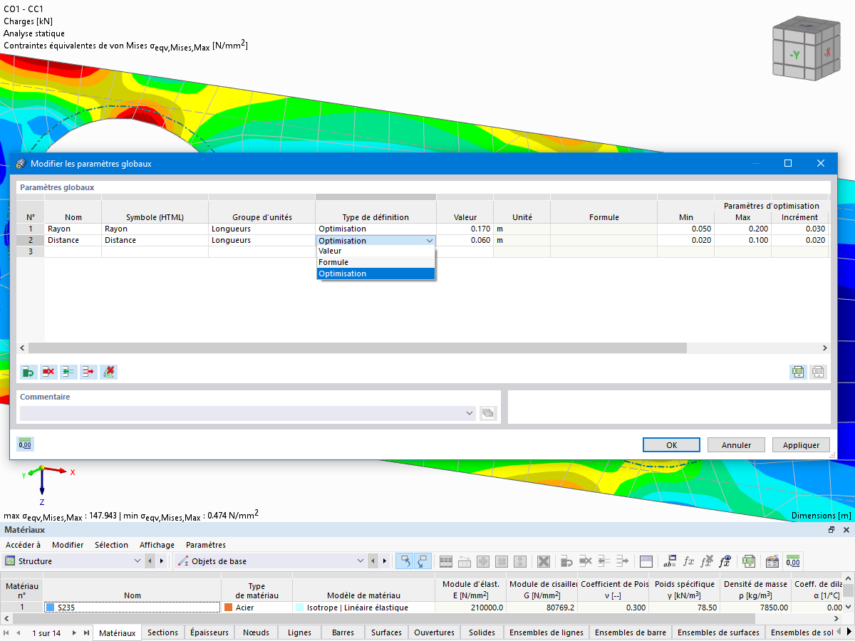Définition des paramètres d'optimisation