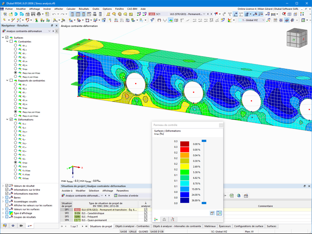 Représentation des résultats d'un calcul contrainte-déformation avec visualisation des déformations de surface dans une analyse technique.