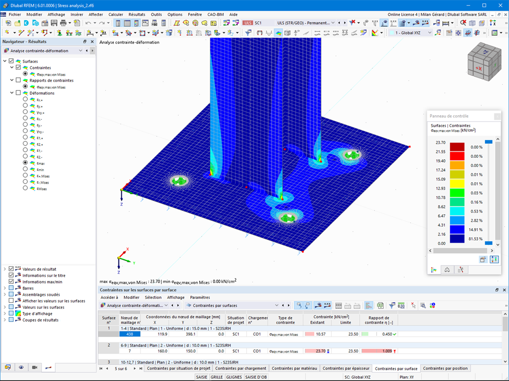 Calcul graphique et tabulaire des contraintes dans l’extension RFEM 6.