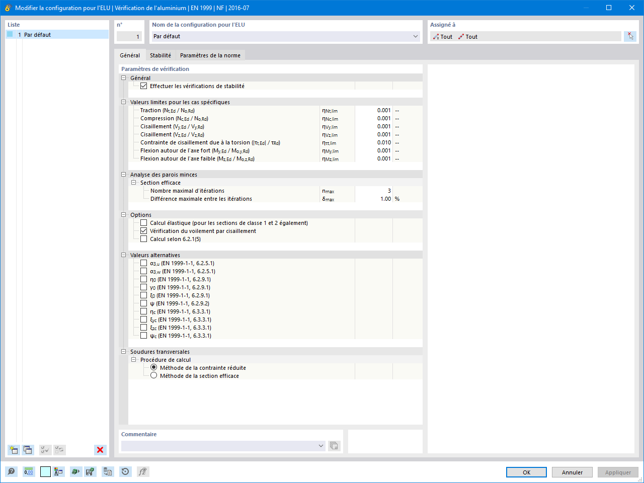 Tableau des configurations en aluminium montrant différents paramètres de résistance pour les applications structurelles.