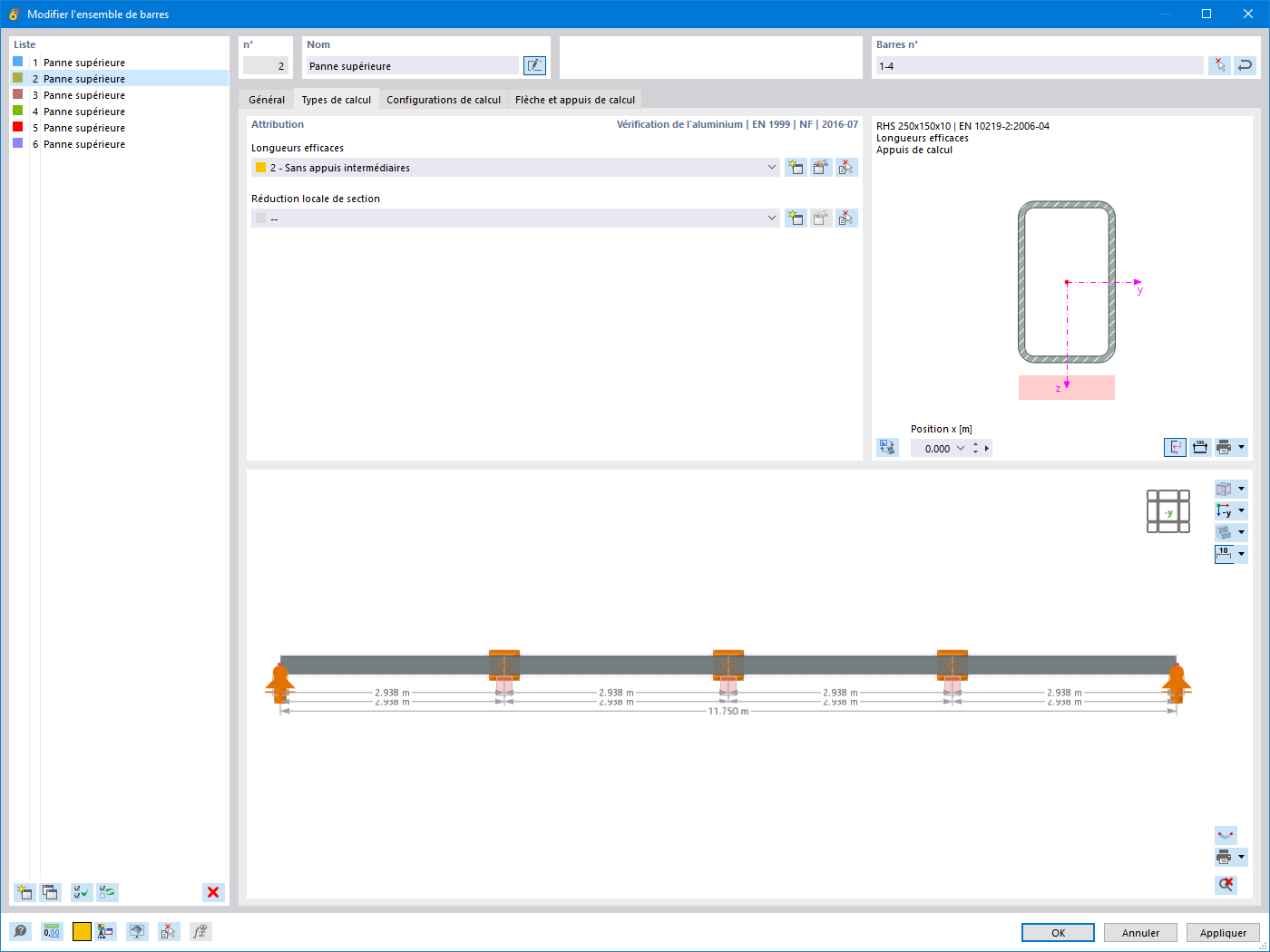 Tableau pour la modification des ensembles de barres, centré sur les types de vérification et les sections en aluminium.