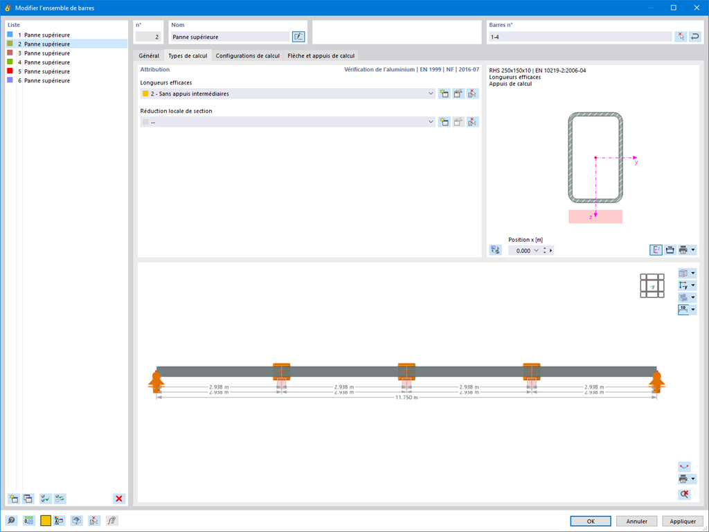 Tableau pour la modification des ensembles de barres, centré sur les types de vérification et les sections en aluminium.