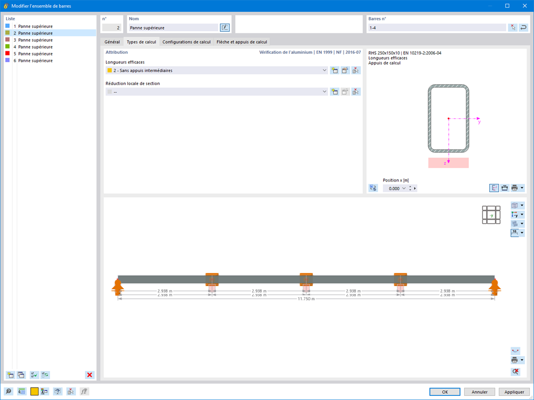 Tableau pour la modification des ensembles de barres, centré sur les types de vérification et les sections en aluminium.